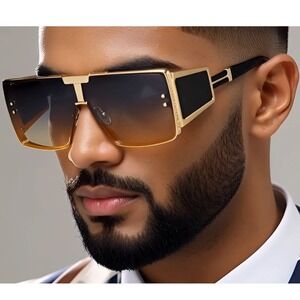 Sunglasses Gold Frame Green Gradient‎ Lens Oversized Fashion Luxury Men Shades